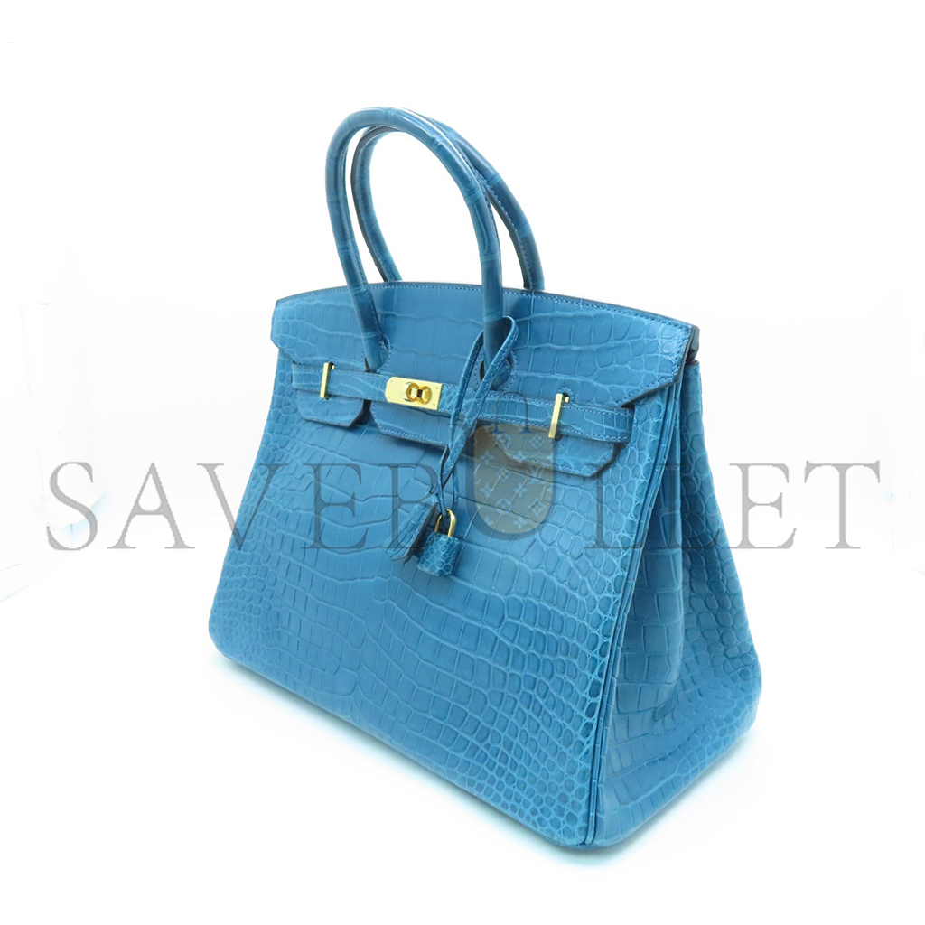 H**mes master birkin 25 crocodile leather nile blue gold buckle h041354ck39 (25*20*13cm)